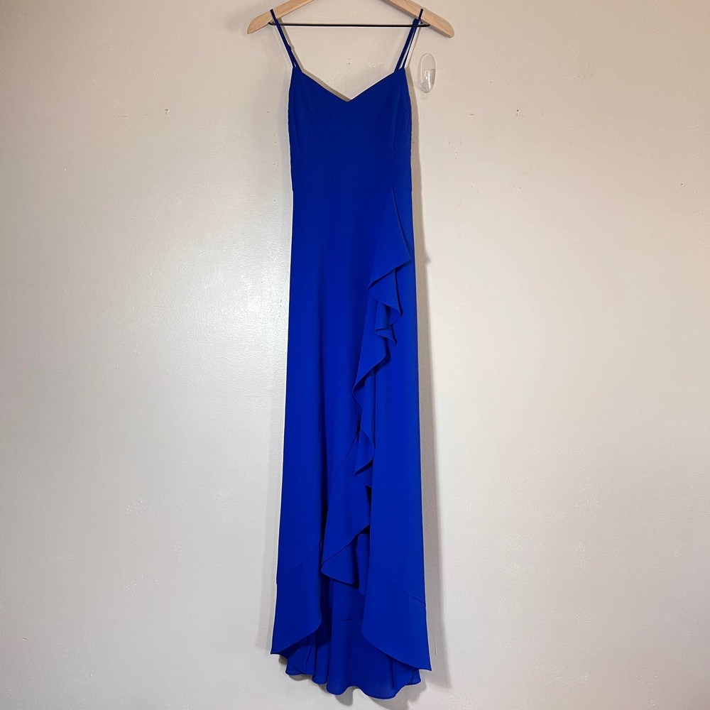 Belle Badgley Mischka Royal Blue Cobalt Dress Maxi Cross Back Ruffle Women's 10